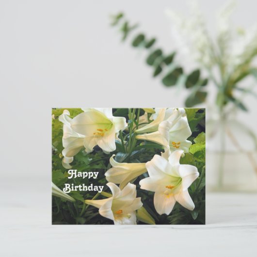美しい白いイースターリリーの花の写真 誕生日 ポストカード (スタンド正面)