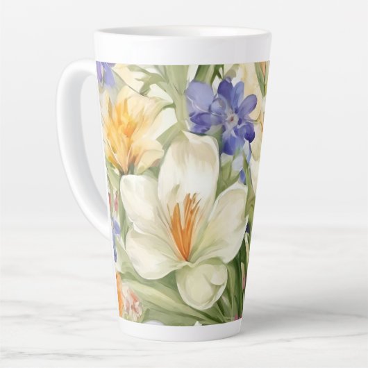 美しい白いクロキュース、オロсフル春の花 カフェラテマグ (左アングル)