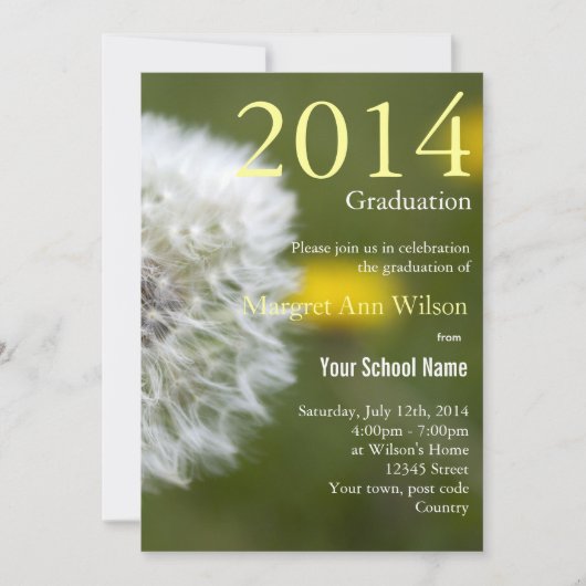 美しい白いタンポポの種子頭卒業 招待状 (正面)