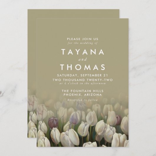 美しい白いチューリップ絵画ズ結婚式招待状 招待状 (正面/裏面)