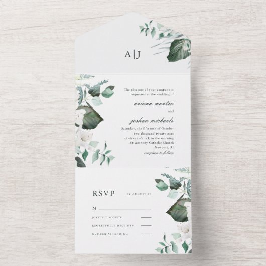 美しい白いフローラと緑結婚色の オールインワン招待状 (内側)