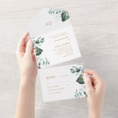 美しい白いフローラと緑結婚色の オールインワン招待状 (貼ってはがせる)