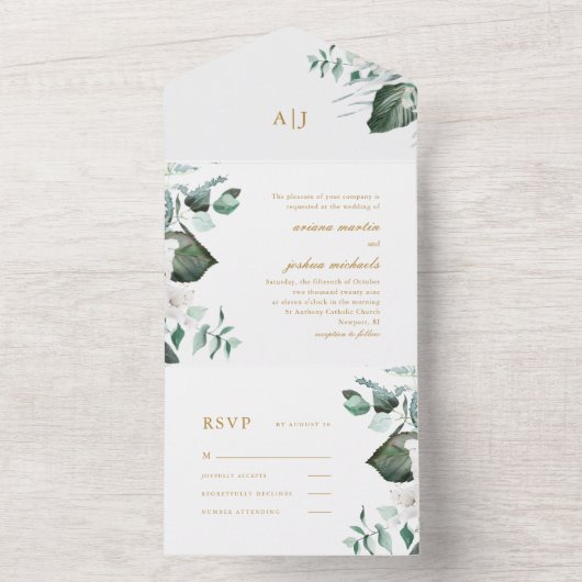 美しい白いフローラと緑結婚色の オールインワン招待状 (内側)