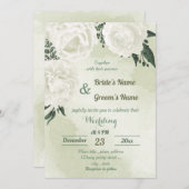 美しい白いフローラの結婚緑 招待状 (正面/裏面)