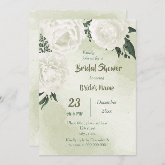 美しい白いフローラの緑のブライダルシャワー 招待状 (正面/裏面)