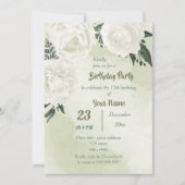 美しい白いフローラの緑の誕生日パーティー 招待状 (正面)