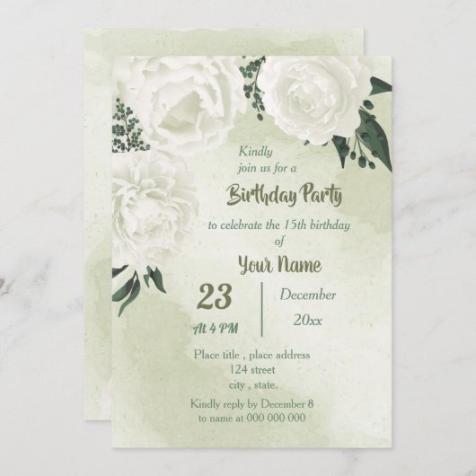 美しい白いフローラの緑の誕生日パーティー 招待状 (正面/裏面)