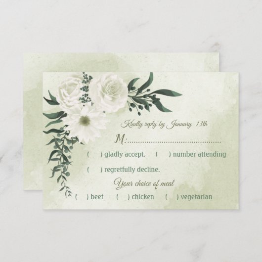 美しい白いフローラの緑の食事の選択 出欠カード (正面/裏面)