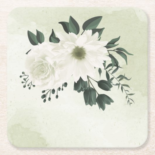 美しい白いフローラ スクエアペーパーコースター (正面)