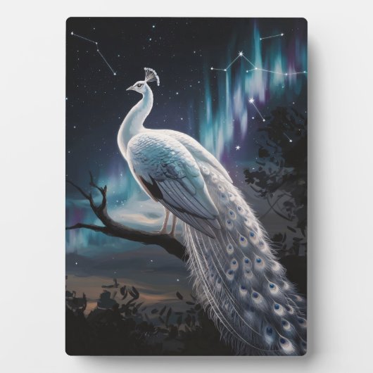 美しい白い孔雀のオーロラボレアリス風景 フォトプラーク (正面)
