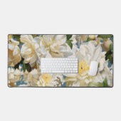 美しい白い牡丹と朴な模様 デスクマット (キーボード&マウス)