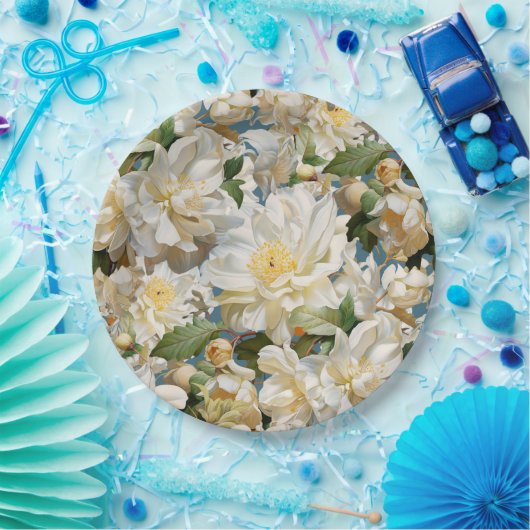 美しい白い牡丹と朴な模様 ペーパープレート (パーティー)