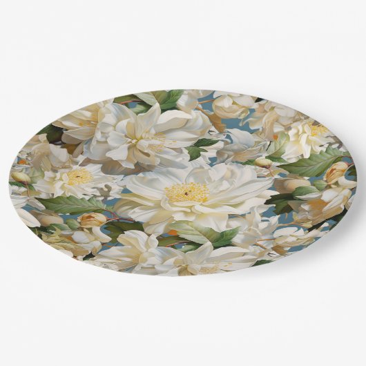 美しい白い牡丹と朴な模様 ペーパープレート (アングル)