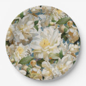 美しい白い牡丹と朴な模様 ペーパープレート (正面)