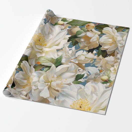 美しい白い牡丹と朴な模様 ラッピングペーパー (アンロールド)