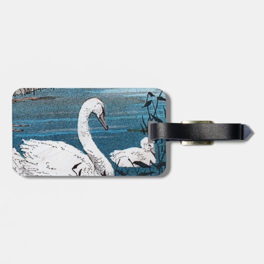 美しい白い白鳥の母とベビー ラゲッジタグ (裏面横)