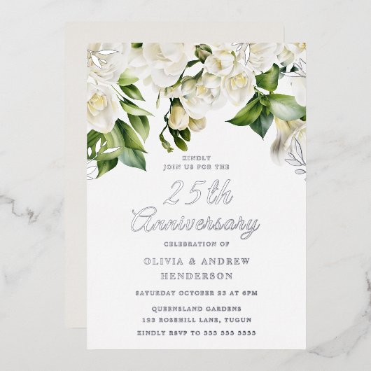 美しい白い花とシルバー 25周年記念 箔招待状 (正面/裏面)