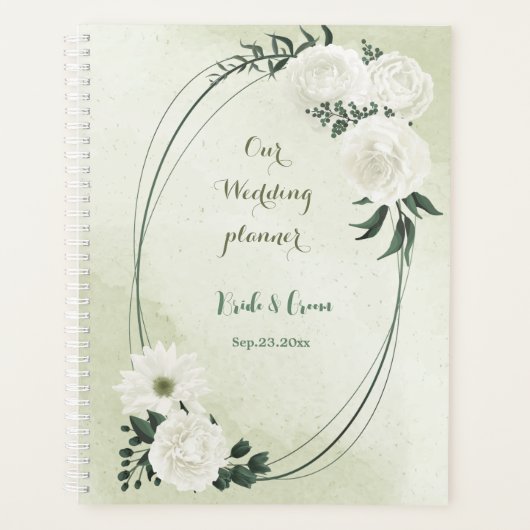 美しい白い花と緑の葉のウェディング プランナー手帳 (正面)