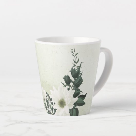 美しい白い花と緑の葉 カフェラテマグ (右アングル)