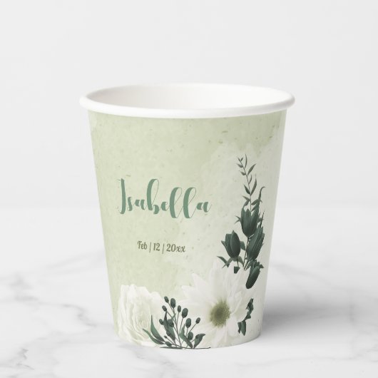 美しい白い花と緑の葉 紙コップ (正面)