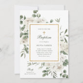 美しい白い花と金ゴールド | バプテスマ 招待状 (正面)