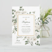 美しい白い花と金ゴールド | バプテスマ 招待状 (スタンド正面)