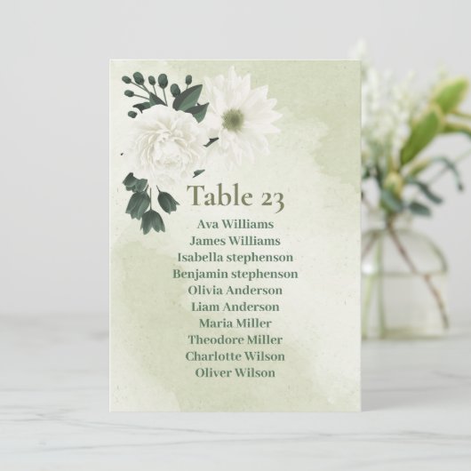 美しい白い花のグリーン装飾の席次表カード 招待状 (スタンド正面)
