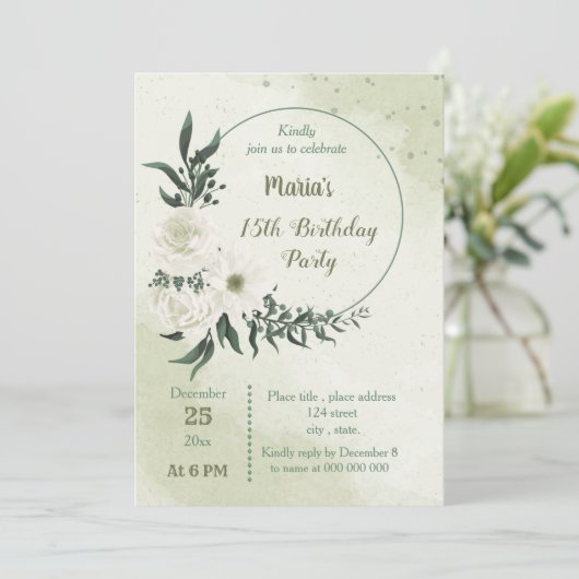 美しい白い花のリースの誕生日パーティー 招待状 (スタンド正面)