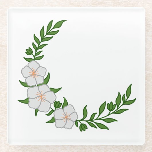 美しい白い花の三日月冠 ガラスコースター (正面)