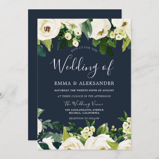 美しい白い花の春の結婚式 招待状 (正面/裏面)