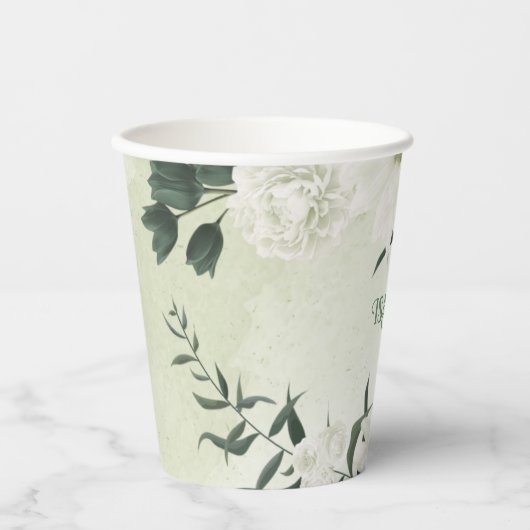 美しい白い花の緑葉の花 紙コップ (正面)