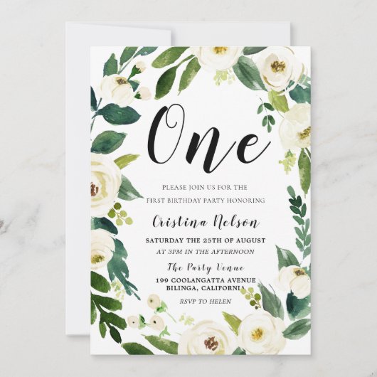 美しい白い花フォトバック1歳の誕生日 招待状 (正面)
