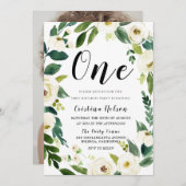 美しい白い花フォトバック1歳の誕生日 招待状 (正面/裏面)