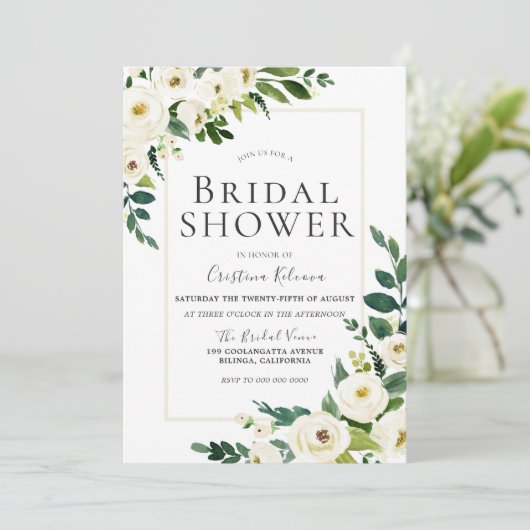 美しい白い花フレームブライダルシャワー 招待状 (スタンド正面)