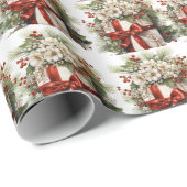美しい白い花ホリー赤いリボンギフトボックス ラッピングペーパー (ロールコーナー)
