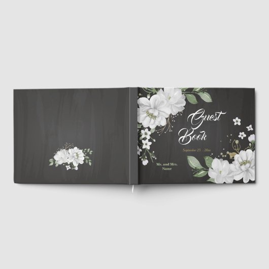 美しい白い花緑の黒いゲストブック ゲストブック (全面)