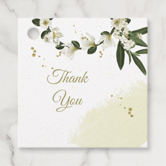 美しい白い金ゴールド花の緑のメッセージカード フェイバータグ (正面)