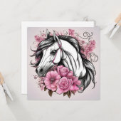 美しい白い馬とピンクの花 カード (正面/裏面インサイチュ)