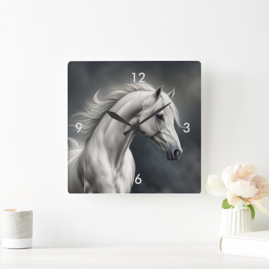 美しい白い馬の流れマネ スクエア壁時計 (ホーム)