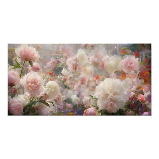 美しい白とピンクの芍薬の水彩画 ポスター (正面)