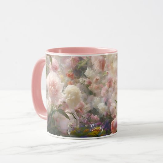 美しい白とピンクの芍薬の水彩画 マグカップ (正面左)