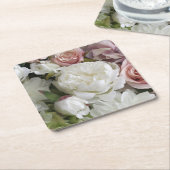 美しい白とピンクの芍薬の花の紙コースター スクエアペーパーコースター (アングル)