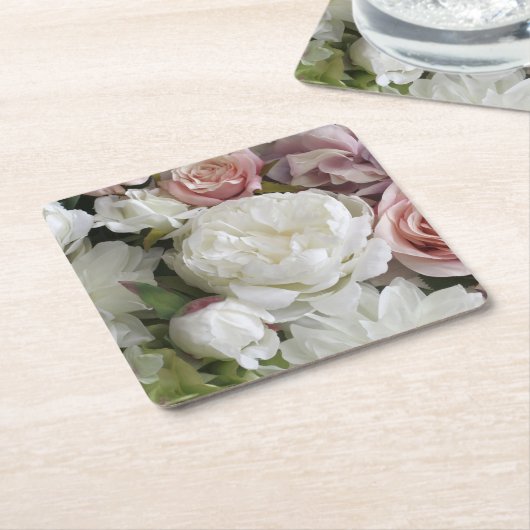 美しい白とピンクの芍薬の花の紙コースター スクエアペーパーコースター (アングル)