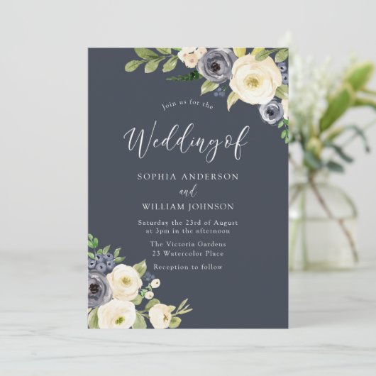 美しい白と海軍の花すべて結婚の季節 招待状 (スタンド正面)