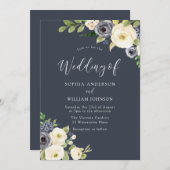 美しい白と海軍の花すべて結婚の季節 招待状 (正面/裏面)