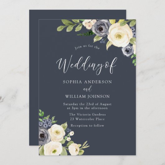 美しい白と海軍の花すべて結婚の季節 招待状 (正面/裏面)