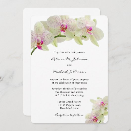 美しい白と熱いピンクのラン結婚ス 招待状 (正面/裏面)