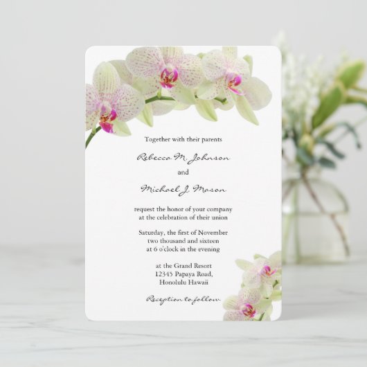 美しい白と熱いピンクのラン結婚ス 招待状 (スタンド正面)