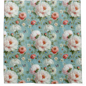 美しい白と赤の牡丹 シャワーカーテン (正面)