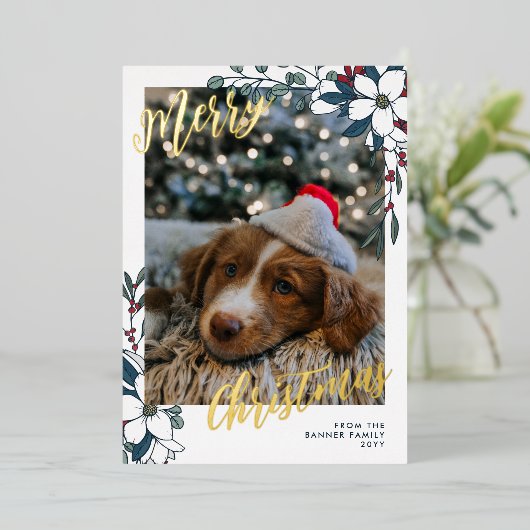 美しい白と赤の花の写真 メリークリスマス 箔シーズンカード (立ち正面)